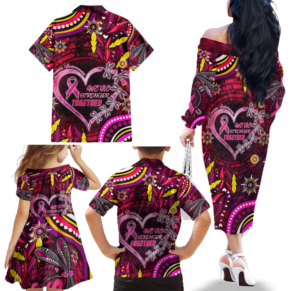 Breast Cancer Dragonfly Aboriginal Family Matching Off The Shoulder Long Sleeve Dress and Hawaiian Shirt We're Stronger Together
