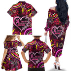 Breast Cancer Dragonfly Aboriginal Family Matching Off The Shoulder Long Sleeve Dress and Hawaiian Shirt We're Stronger Together