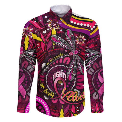 Breast Cancer Dragonfly Aboriginal Family Matching Off The Shoulder Long Sleeve Dress and Hawaiian Shirt We're Stronger Together