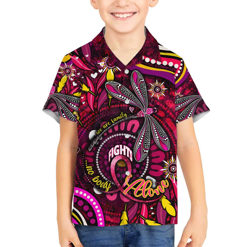 Breast Cancer Dragonfly Aboriginal Family Matching Off The Shoulder Long Sleeve Dress and Hawaiian Shirt We're Stronger Together
