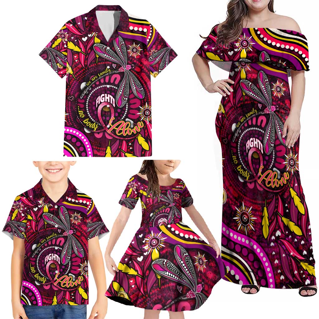 Breast Cancer Dragonfly Aboriginal Family Matching Off Shoulder Maxi Dress and Hawaiian Shirt We're Stronger Together