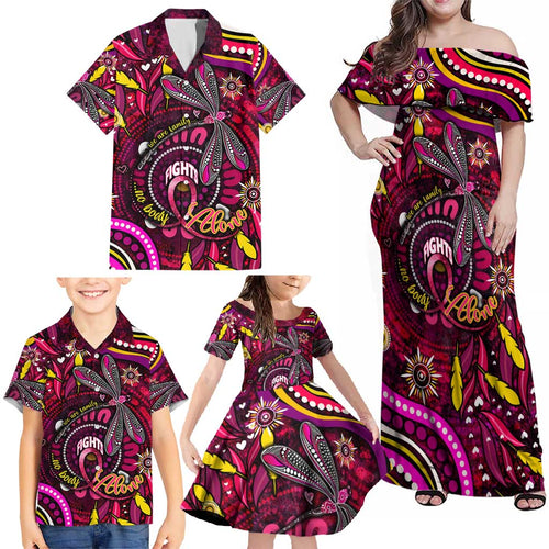 Breast Cancer Dragonfly Aboriginal Family Matching Off Shoulder Maxi Dress and Hawaiian Shirt We're Stronger Together