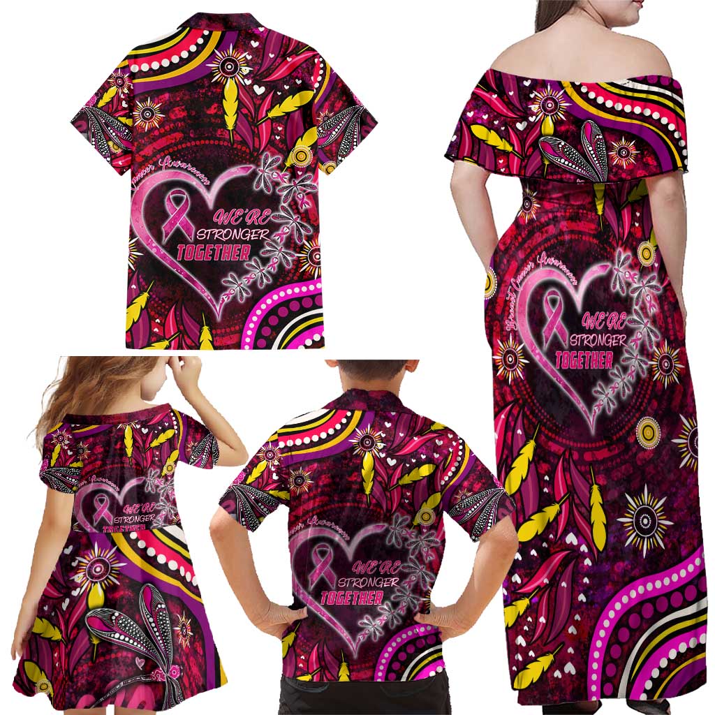 Breast Cancer Dragonfly Aboriginal Family Matching Off Shoulder Maxi Dress and Hawaiian Shirt We're Stronger Together
