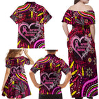 Breast Cancer Dragonfly Aboriginal Family Matching Off Shoulder Maxi Dress and Hawaiian Shirt We're Stronger Together