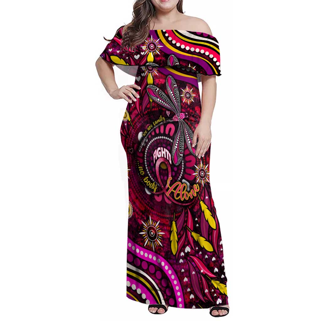 Breast Cancer Dragonfly Aboriginal Family Matching Off Shoulder Maxi Dress and Hawaiian Shirt We're Stronger Together
