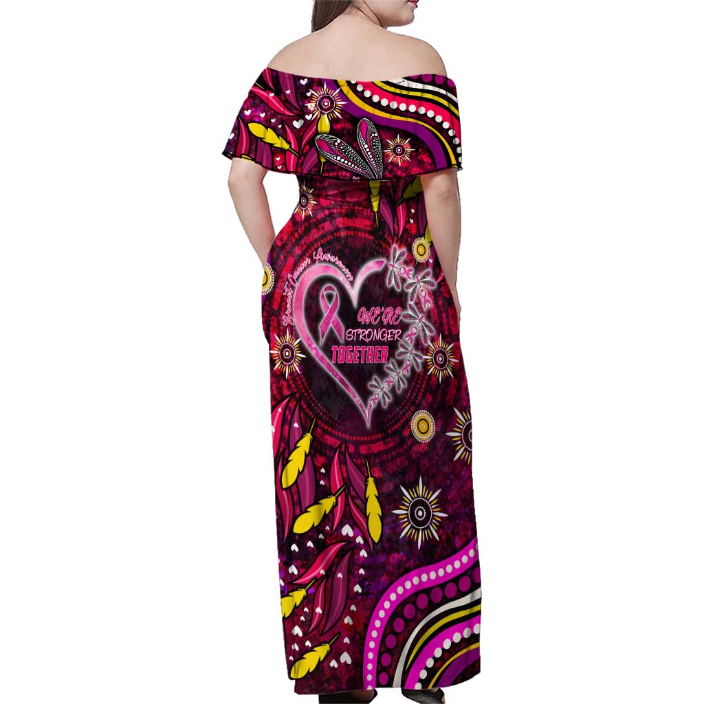 Breast Cancer Dragonfly Aboriginal Family Matching Off Shoulder Maxi Dress and Hawaiian Shirt We're Stronger Together