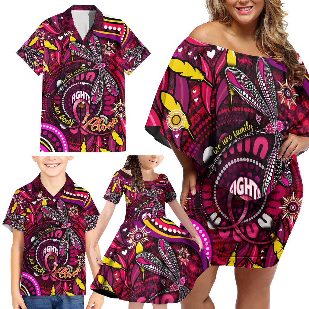 Breast Cancer Dragonfly Aboriginal Family Matching Off Shoulder Short Dress and Hawaiian Shirt We're Stronger Together