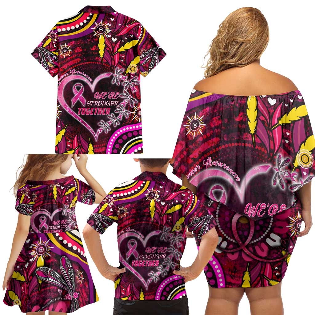 Breast Cancer Dragonfly Aboriginal Family Matching Off Shoulder Short Dress and Hawaiian Shirt We're Stronger Together