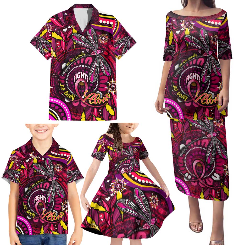 Breast Cancer Dragonfly Aboriginal Family Matching Puletasi and Hawaiian Shirt We're Stronger Together