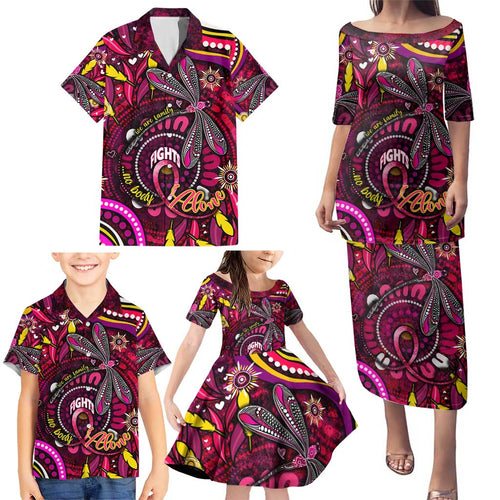 Breast Cancer Dragonfly Aboriginal Family Matching Puletasi and Hawaiian Shirt We're Stronger Together