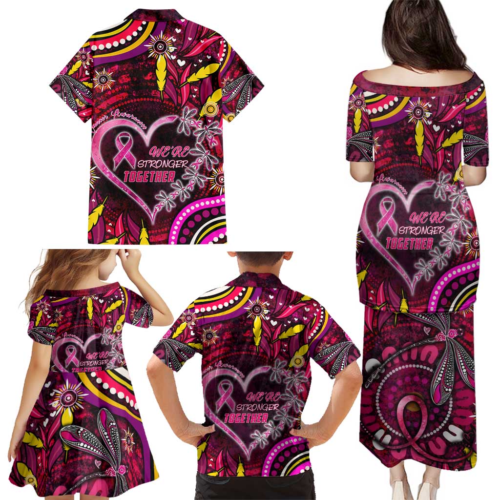 Breast Cancer Dragonfly Aboriginal Family Matching Puletasi and Hawaiian Shirt We're Stronger Together