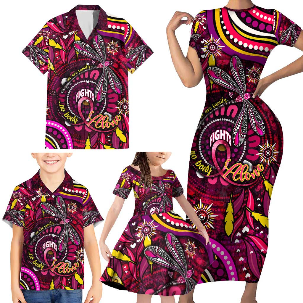 Breast Cancer Dragonfly Aboriginal Family Matching Short Sleeve Bodycon Dress and Hawaiian Shirt We're Stronger Together