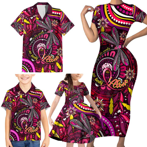 Breast Cancer Dragonfly Aboriginal Family Matching Short Sleeve Bodycon Dress and Hawaiian Shirt We're Stronger Together