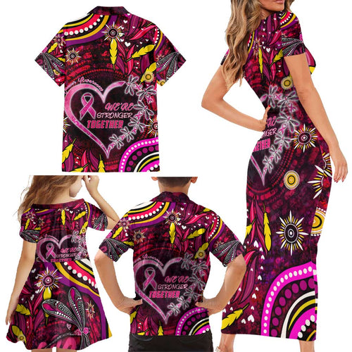 Breast Cancer Dragonfly Aboriginal Family Matching Short Sleeve Bodycon Dress and Hawaiian Shirt We're Stronger Together