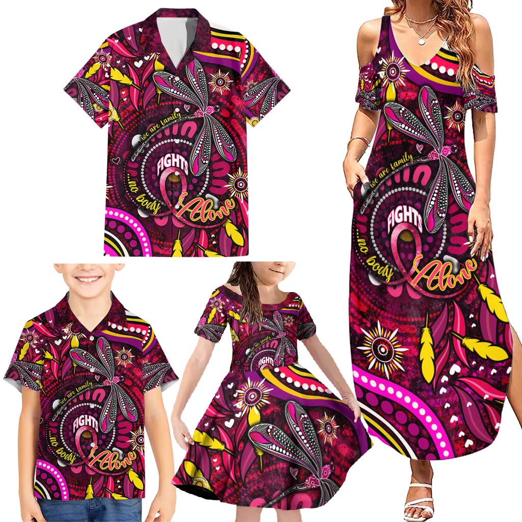 Breast Cancer Dragonfly Aboriginal Family Matching Summer Maxi Dress and Hawaiian Shirt We're Stronger Together