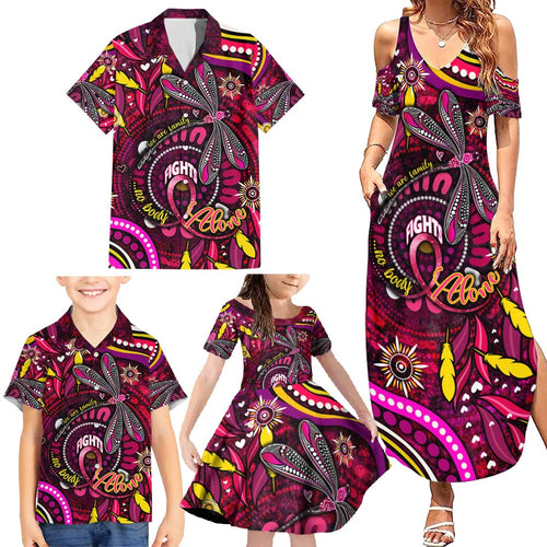 Breast Cancer Dragonfly Aboriginal Family Matching Summer Maxi Dress and Hawaiian Shirt We're Stronger Together