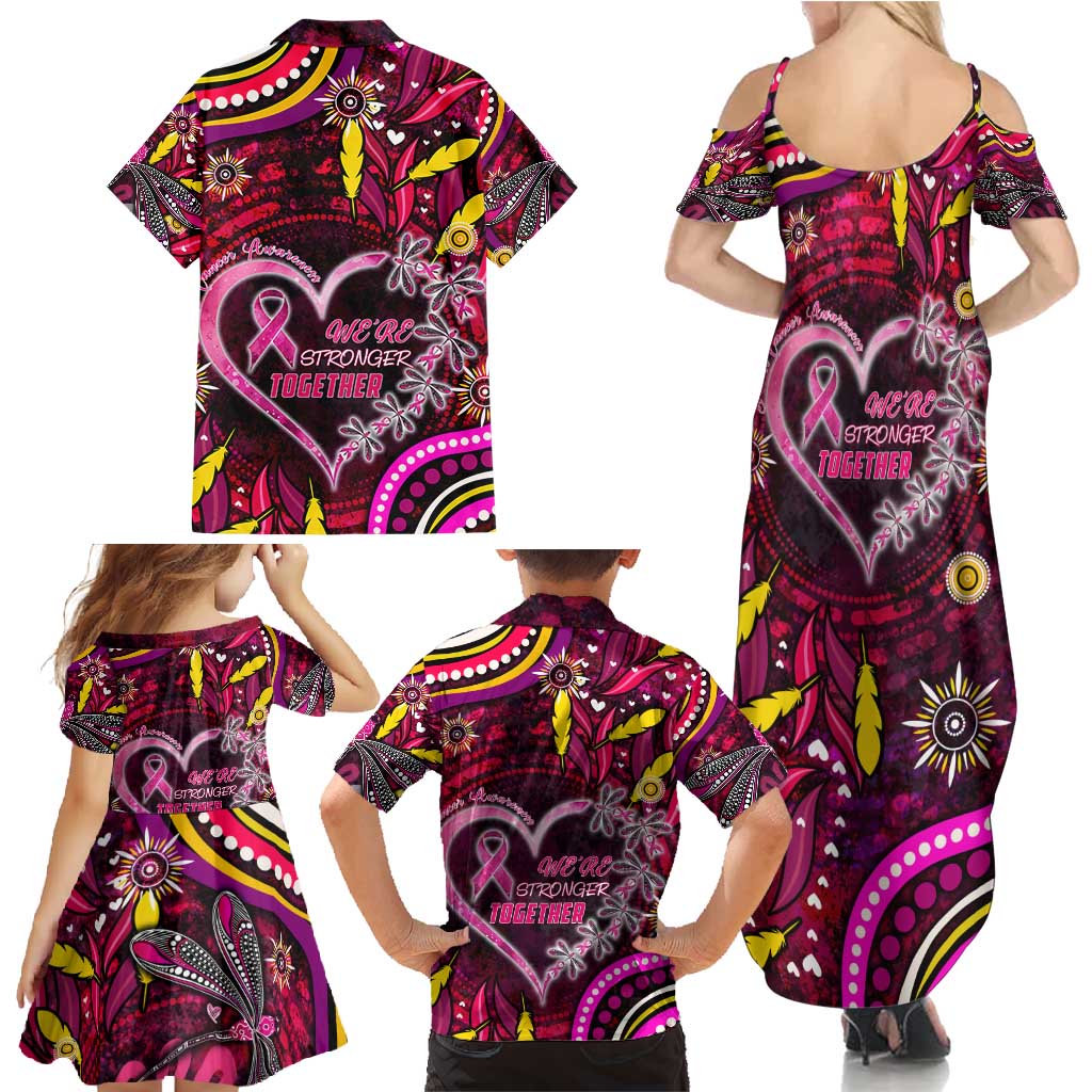 Breast Cancer Dragonfly Aboriginal Family Matching Summer Maxi Dress and Hawaiian Shirt We're Stronger Together