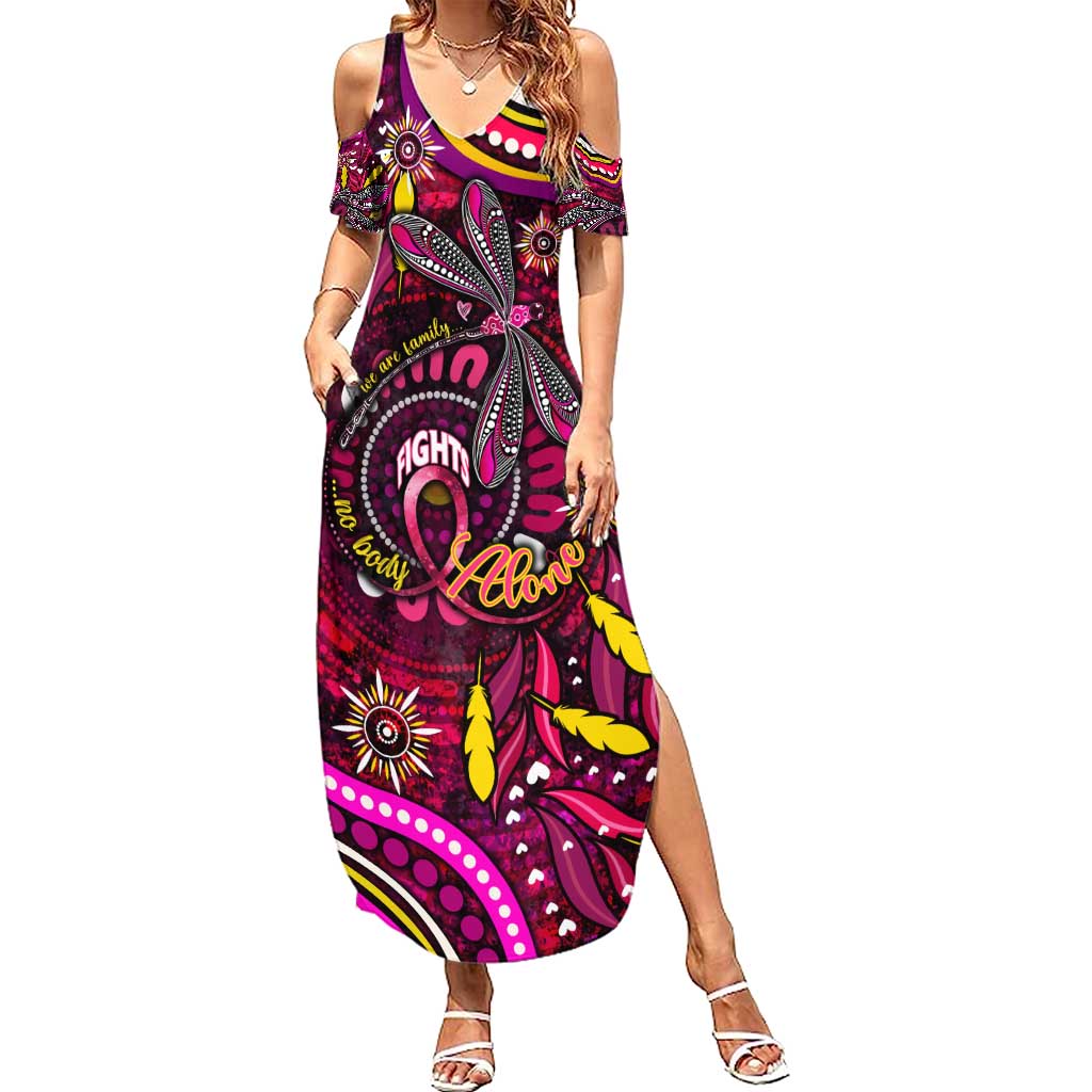 Breast Cancer Dragonfly Aboriginal Family Matching Summer Maxi Dress and Hawaiian Shirt We're Stronger Together