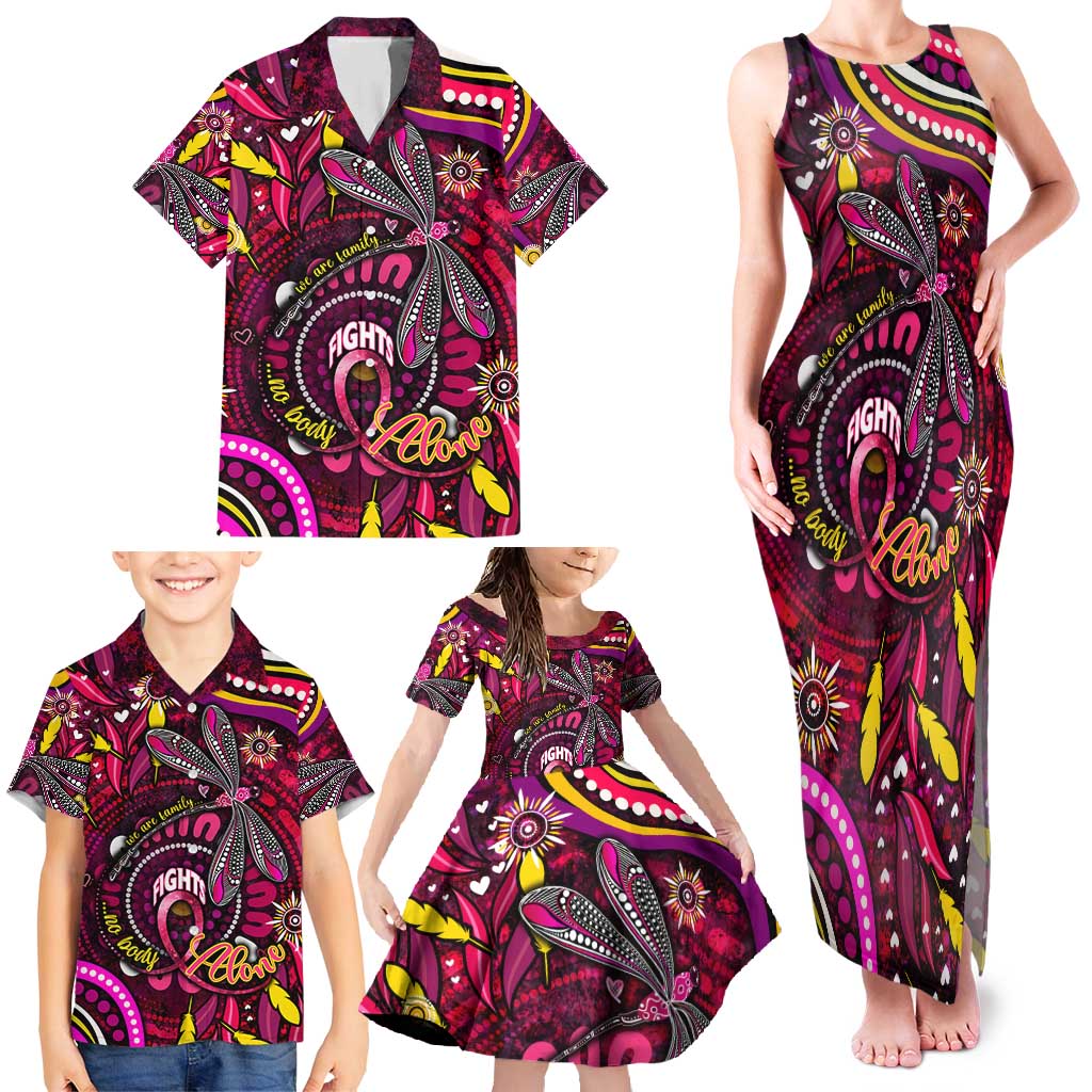 Breast Cancer Dragonfly Aboriginal Family Matching Tank Maxi Dress and Hawaiian Shirt We're Stronger Together