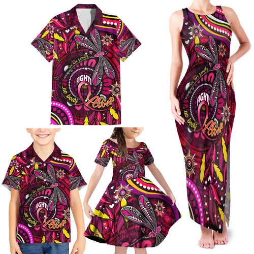 Breast Cancer Dragonfly Aboriginal Family Matching Tank Maxi Dress and Hawaiian Shirt We're Stronger Together