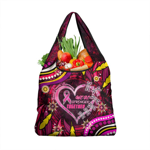 Breast Cancer Dragonfly Aboriginal Grocery Bag We're Stronger Together