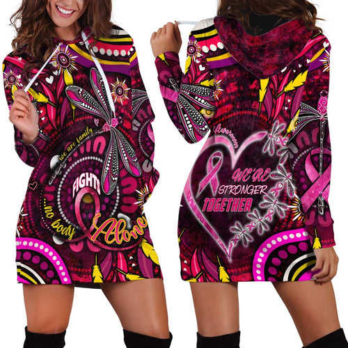 Breast Cancer Dragonfly Aboriginal Hoodie Dress We're Stronger Together