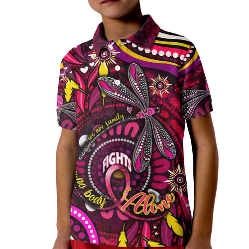 Breast Cancer Dragonfly Aboriginal Kid Polo Shirt We're Stronger Together