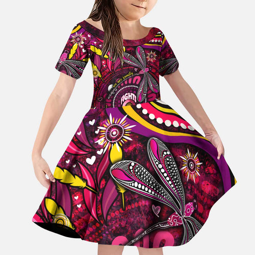 Breast Cancer Dragonfly Aboriginal Kid Short Sleeve Dress We're Stronger Together