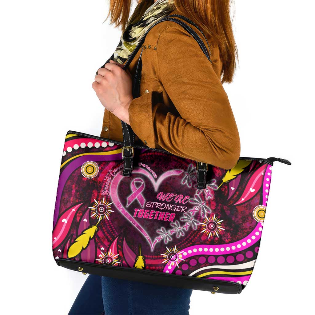 Breast Cancer Dragonfly Aboriginal Leather Tote Bag We're Stronger Together