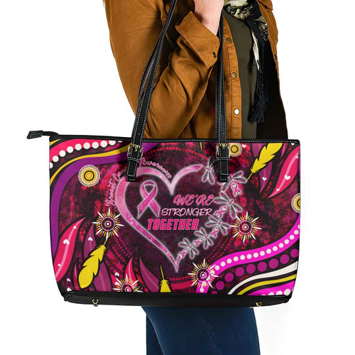 Breast Cancer Dragonfly Aboriginal Leather Tote Bag We're Stronger Together