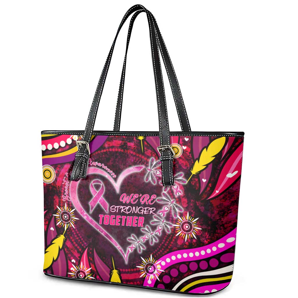 Breast Cancer Dragonfly Aboriginal Leather Tote Bag We're Stronger Together