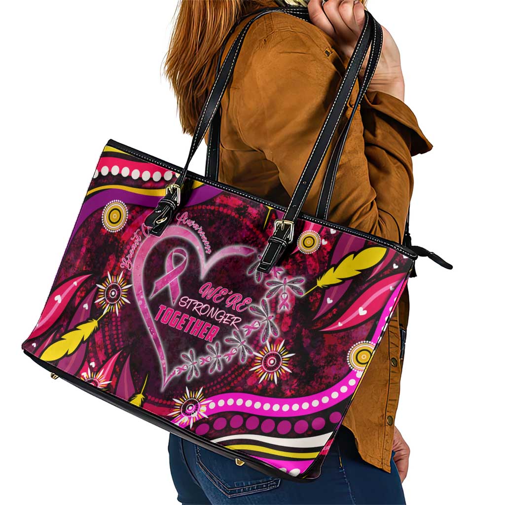 Breast Cancer Dragonfly Aboriginal Leather Tote Bag We're Stronger Together