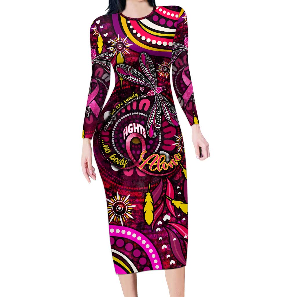 Breast Cancer Dragonfly Aboriginal Long Sleeve Bodycon Dress We're Stronger Together