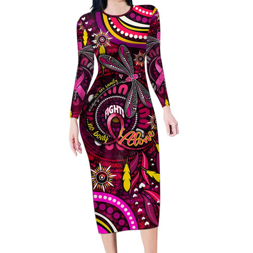 Breast Cancer Dragonfly Aboriginal Long Sleeve Bodycon Dress We're Stronger Together