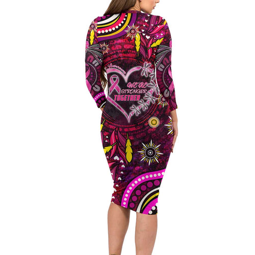 Breast Cancer Dragonfly Aboriginal Long Sleeve Bodycon Dress We're Stronger Together