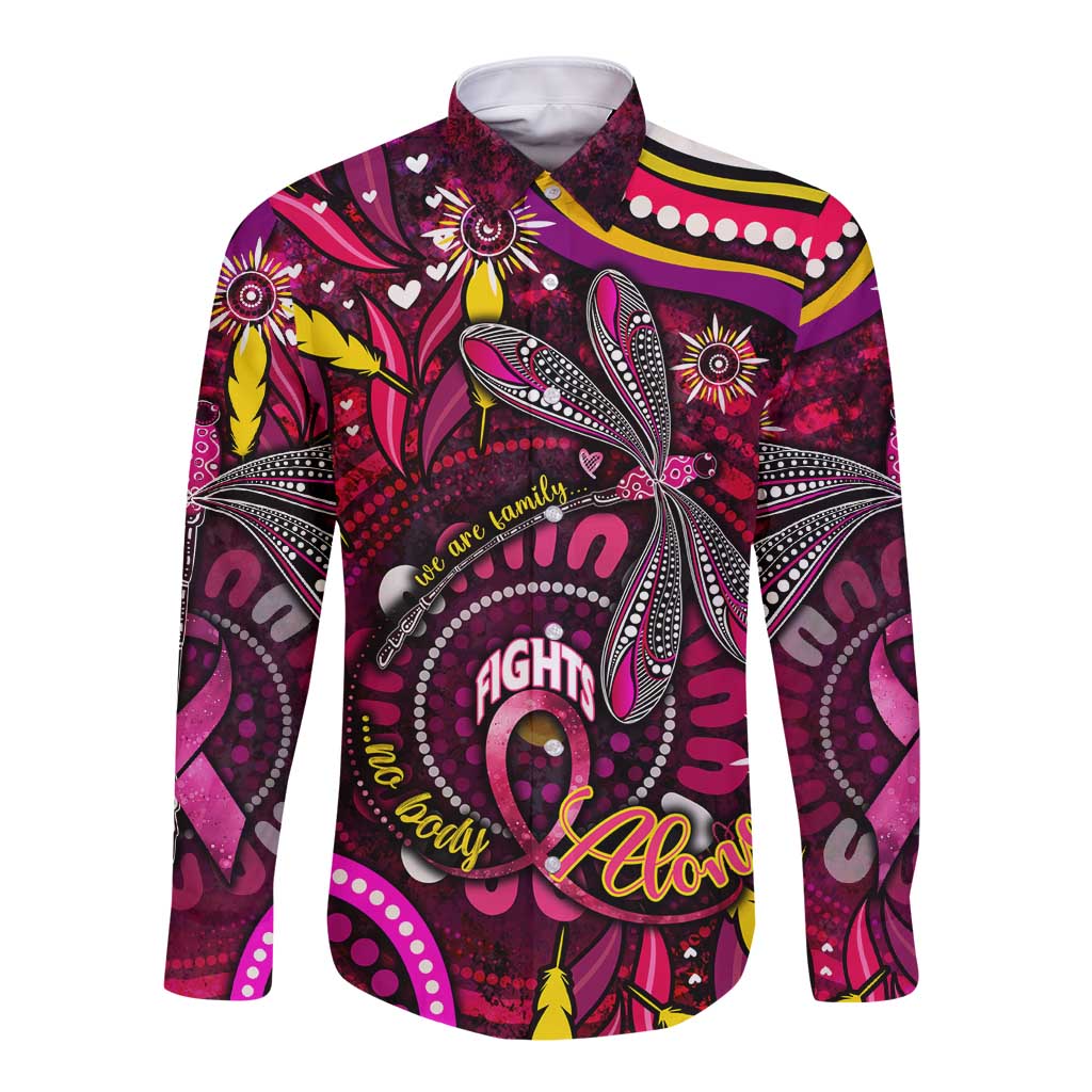 Breast Cancer Dragonfly Aboriginal Long Sleeve Button Shirt We're Stronger Together