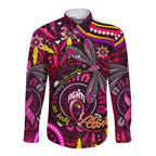 Breast Cancer Dragonfly Aboriginal Long Sleeve Button Shirt We're Stronger Together