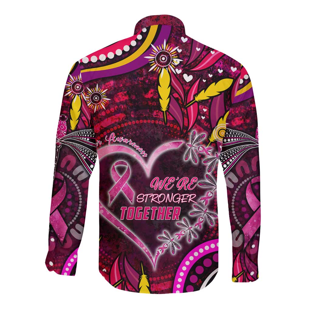 Breast Cancer Dragonfly Aboriginal Long Sleeve Button Shirt We're Stronger Together