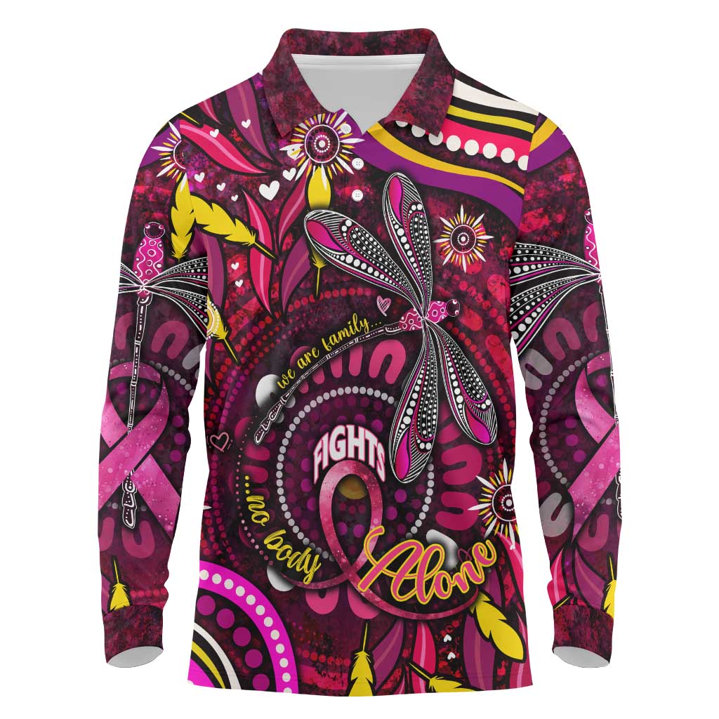 Breast Cancer Dragonfly Aboriginal Long Sleeve Polo Shirt We're Stronger Together