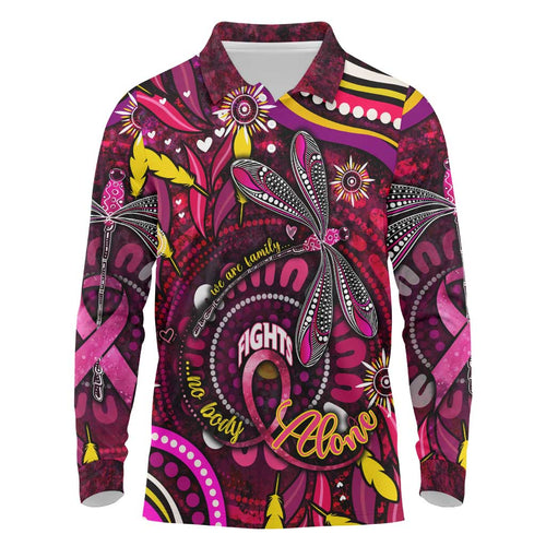 Breast Cancer Dragonfly Aboriginal Long Sleeve Polo Shirt We're Stronger Together