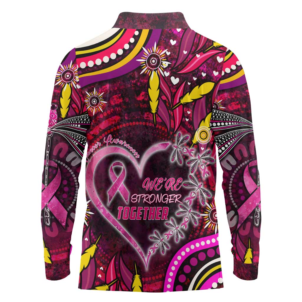 Breast Cancer Dragonfly Aboriginal Long Sleeve Polo Shirt We're Stronger Together