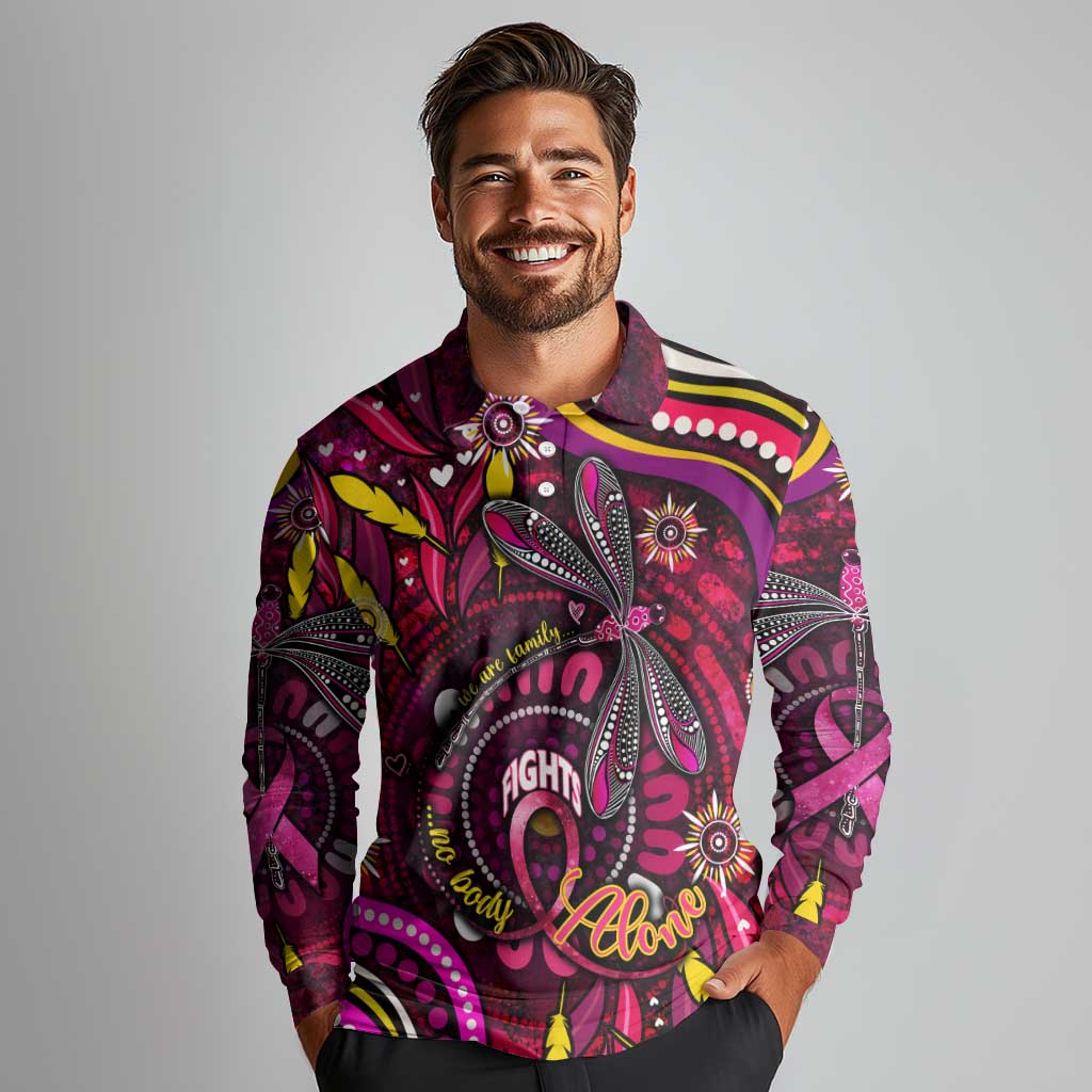 Breast Cancer Dragonfly Aboriginal Long Sleeve Polo Shirt We're Stronger Together
