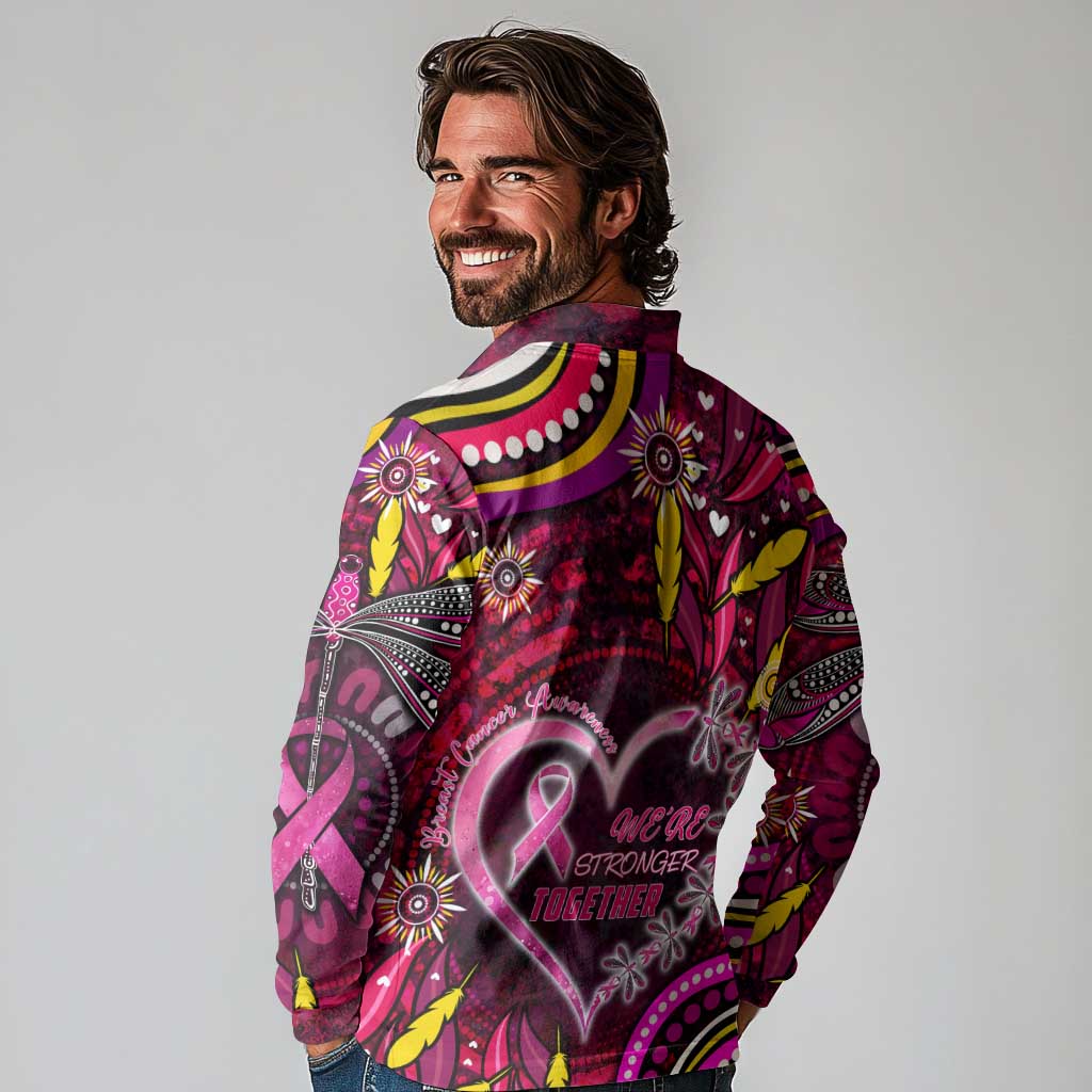 Breast Cancer Dragonfly Aboriginal Long Sleeve Polo Shirt We're Stronger Together