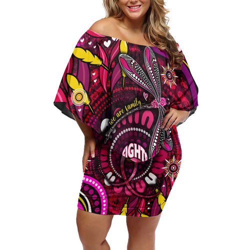 Breast Cancer Dragonfly Aboriginal Off Shoulder Short Dress We're Stronger Together