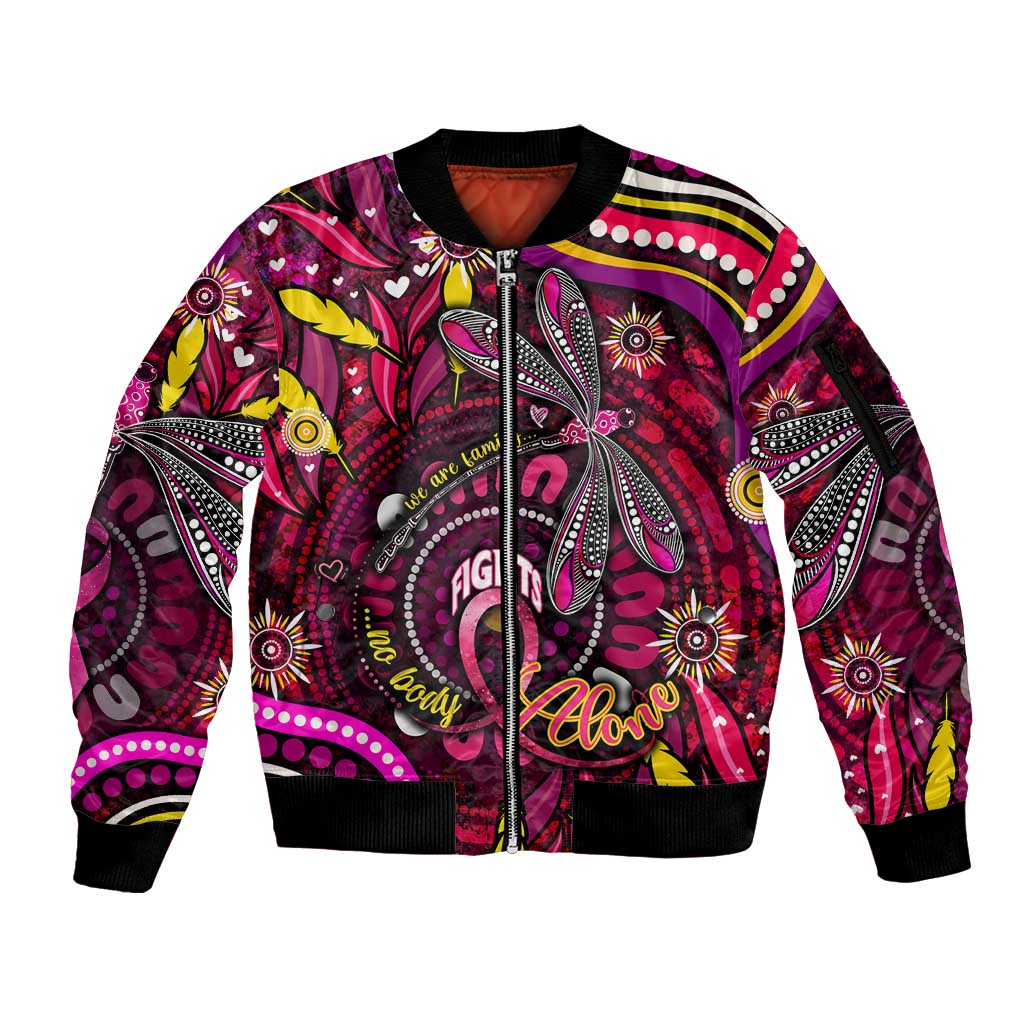 Breast Cancer Dragonfly Aboriginal Sleeve Zip Bomber Jacket We're Stronger Together