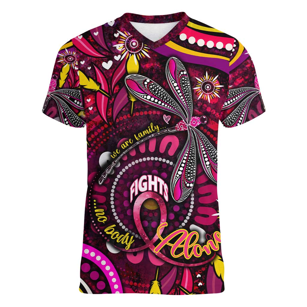 Breast Cancer Dragonfly Aboriginal Women V-Neck T-Shirt We're Stronger Together
