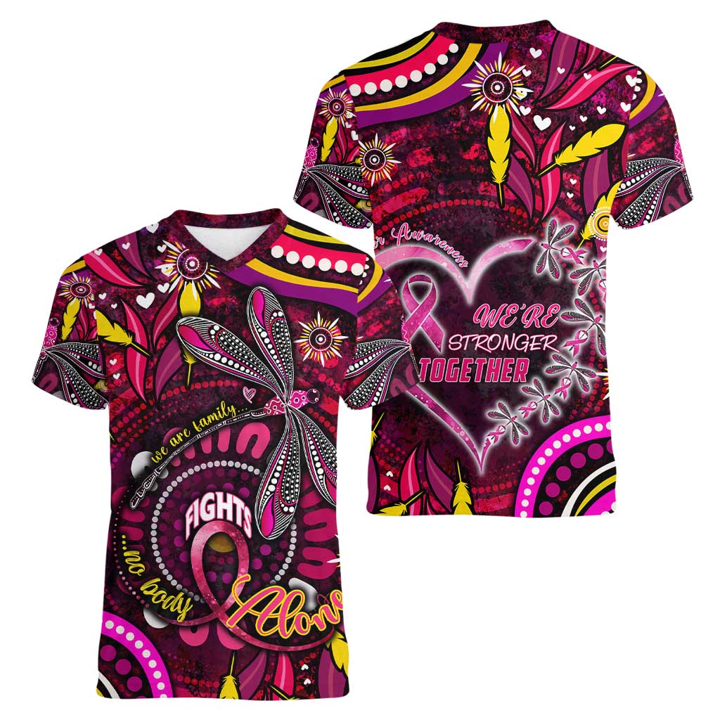 Breast Cancer Dragonfly Aboriginal Women V-Neck T-Shirt We're Stronger Together