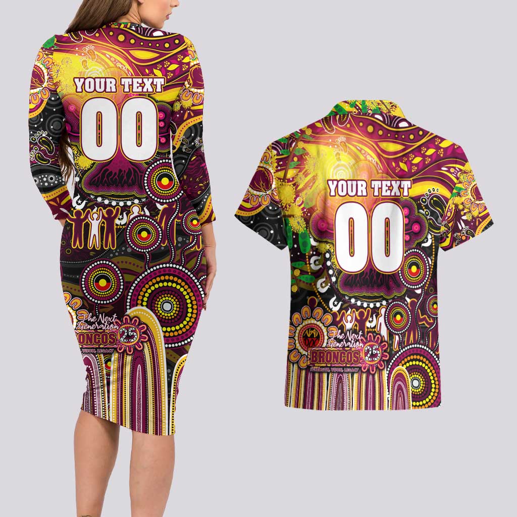 Personalised NAIDOC Week 2025 Broncos Rugby Couples Matching Long Sleeve Bodycon Dress and Hawaiian Shirt Aboriginal Dot Painting
