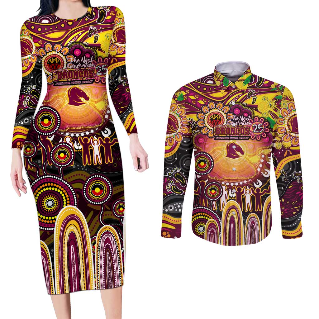 Personalised NAIDOC Week 2025 Broncos Rugby Couples Matching Long Sleeve Bodycon Dress and Long Sleeve Button Shirt Aboriginal Dot Painting
