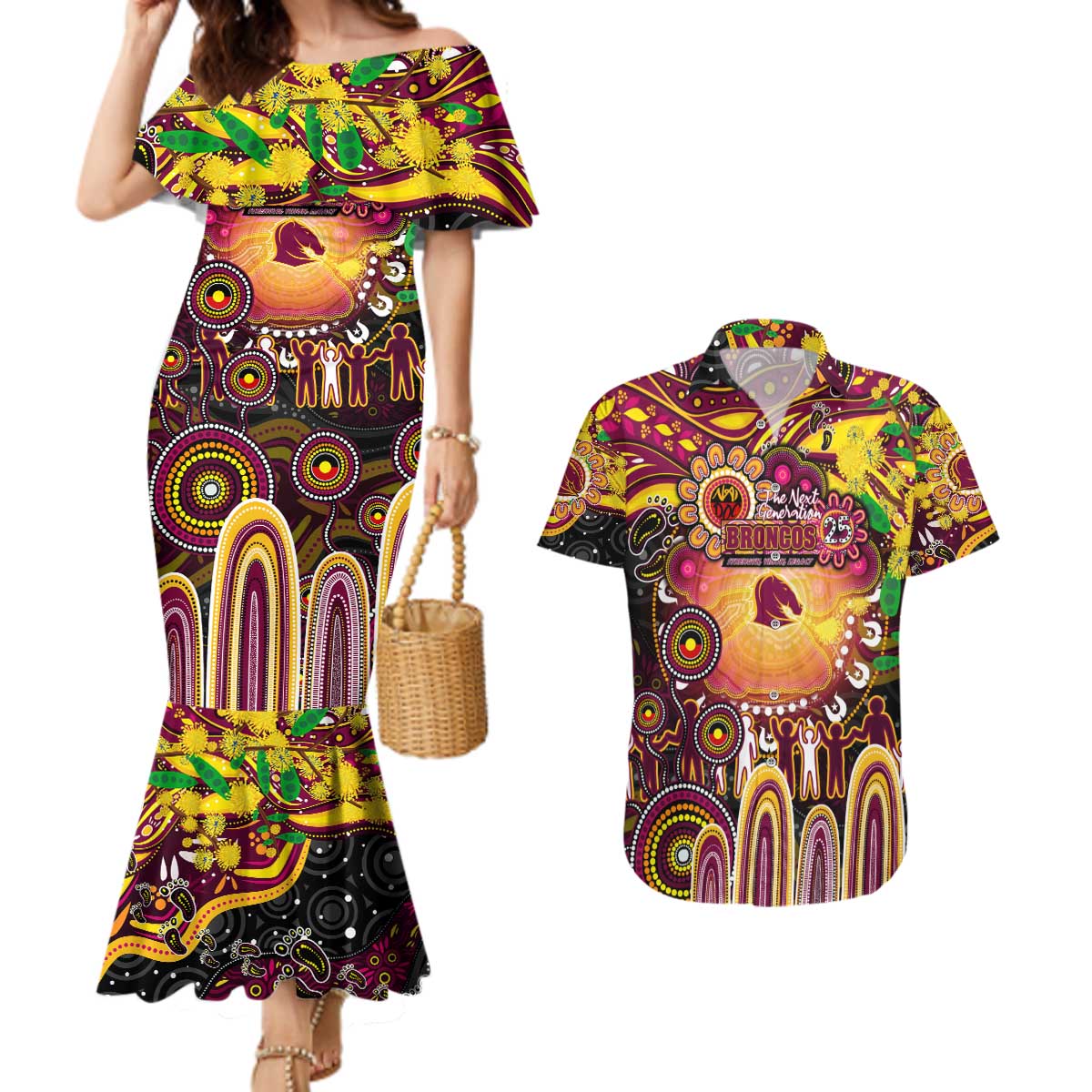 Personalised NAIDOC Week 2025 Broncos Rugby Couples Matching Mermaid Dress and Hawaiian Shirt Aboriginal Dot Painting